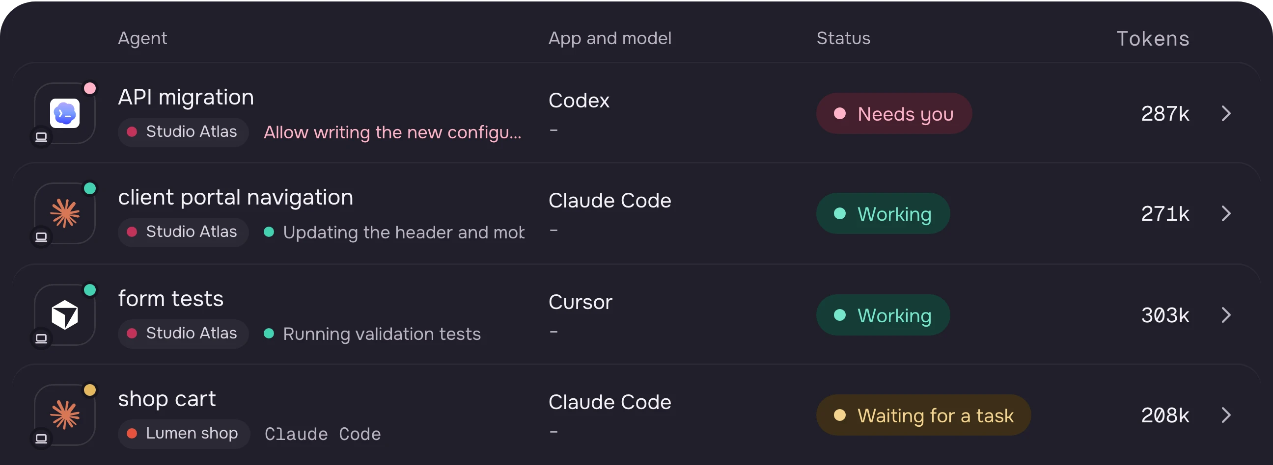 The list of agents in Agenteeq with a status for each: the API migration needs you, the client portal navigation and the form tests are working, the shop cart is waiting for a task.