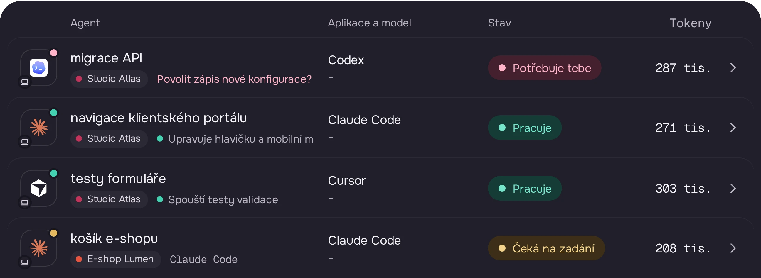 Seznam agentů v Agenteeq se stavem u každého: migrace API potřebuje tebe, navigace klientského portálu a testy formuláře pracují, košík e-shopu čeká na zadání.