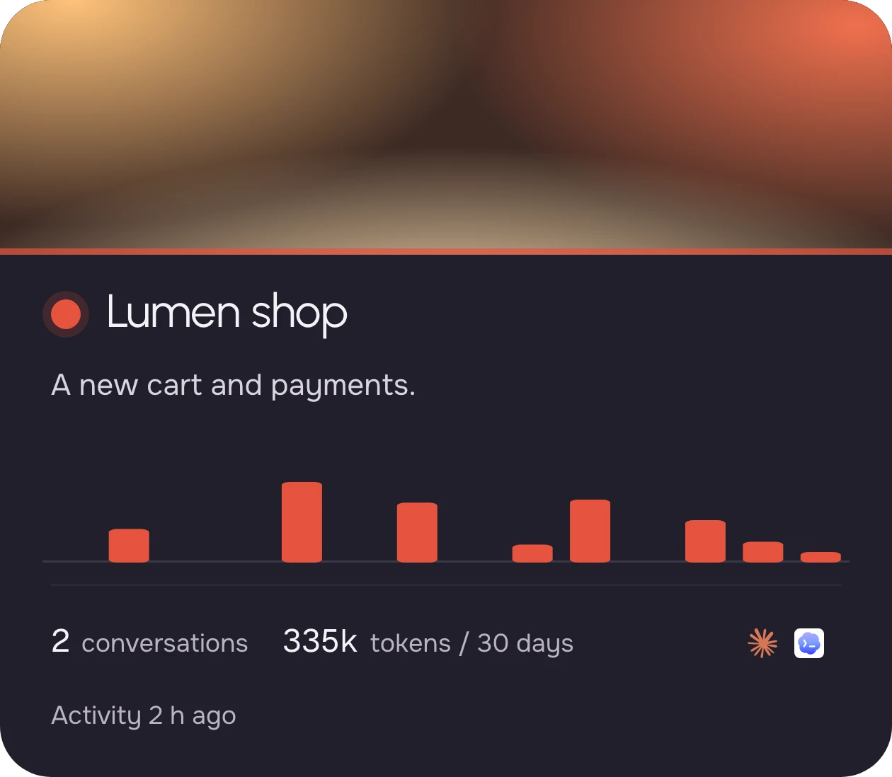 The E-shop Lumen project card: activity spread over recent days, two conversations, 335 thousand tokens in 30 days and the tools Claude Code and Codex.