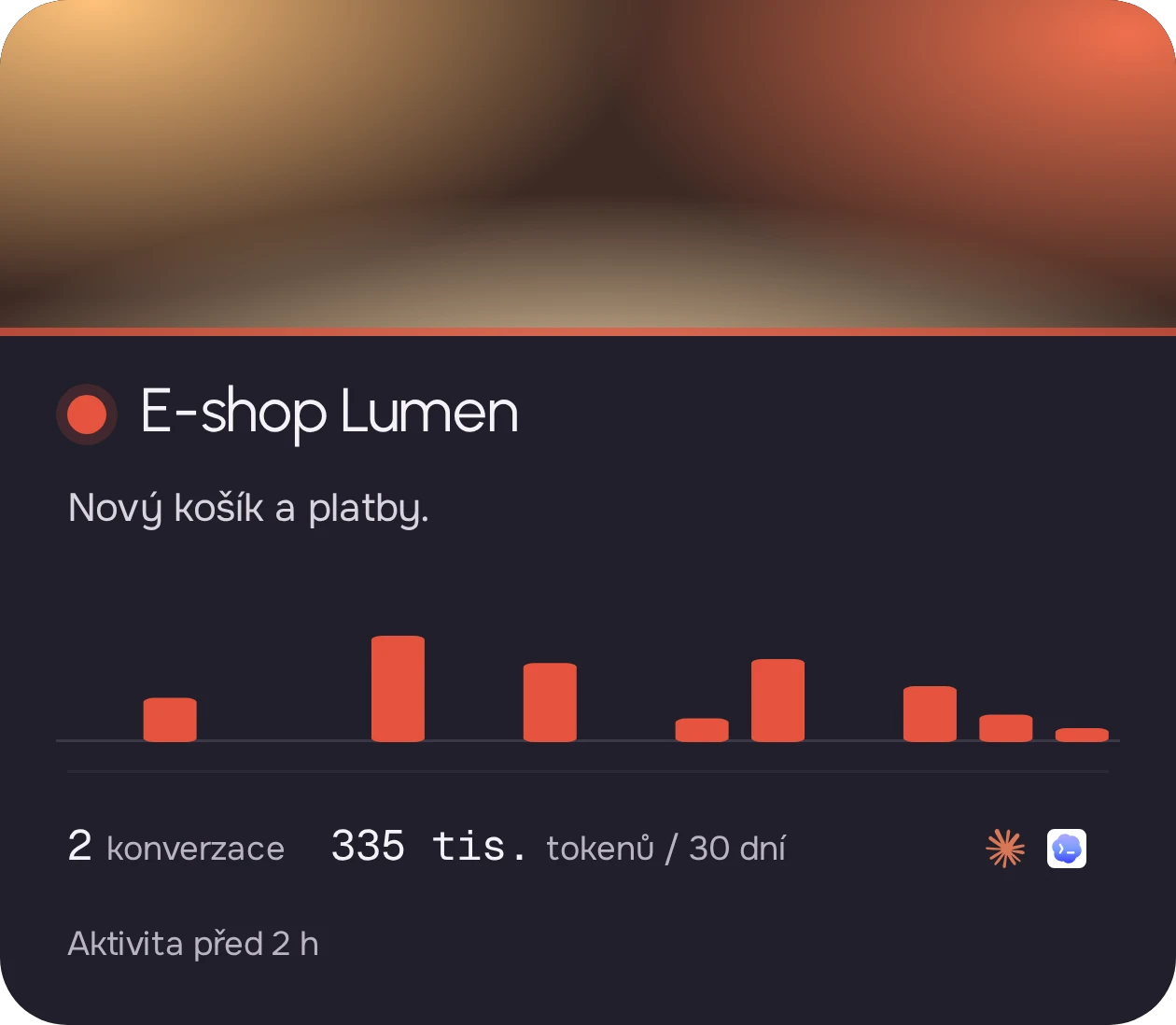 Karta projektu E-shop Lumen: aktivita rozložená do posledních dní, dvě konverzace, 335 tisíc tokenů za 30 dní a nástroje Claude Code a Codex.